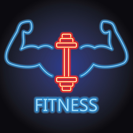 fitness gym center logo with neon light effect. vector illustrationのイラスト素材