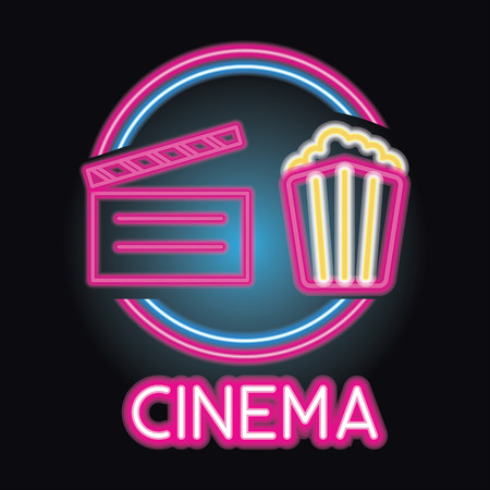 movie cinema entertainment logo with neon sign effect. vector illustrationのイラスト素材