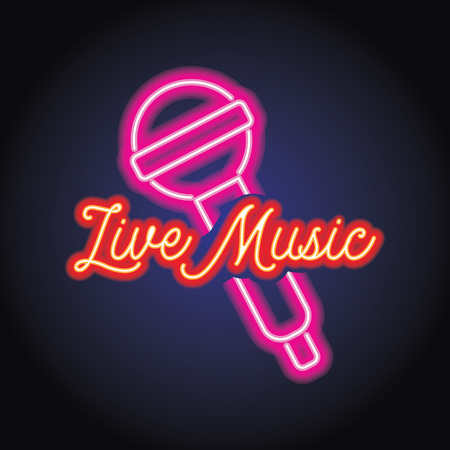 music and live music logo with neon light effect. vector illustrationのイラスト素材