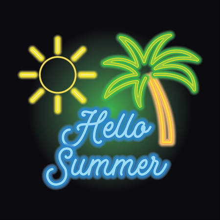 hello summer logo with neon sign effect. vector illustrationのイラスト素材