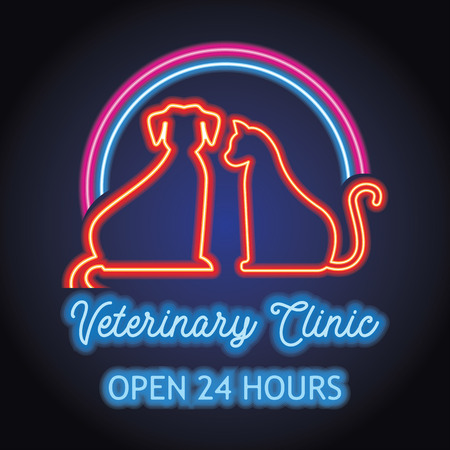 veterinary clinic advertisment plank for animal and veterinary hospital with neon light effect. vector illustrationのイラスト素材