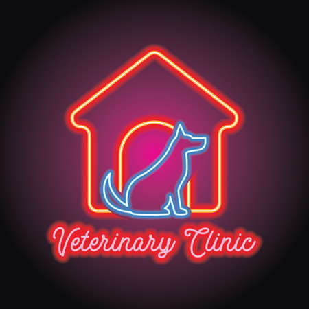 veterinary clinic advertisment plank for animal and veterinary hospital with neon light effect. vector illustrationのイラスト素材