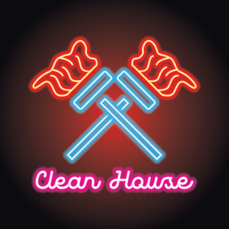 cleaning service logo for home and office service with neon light effect. vector illustrationのイラスト素材