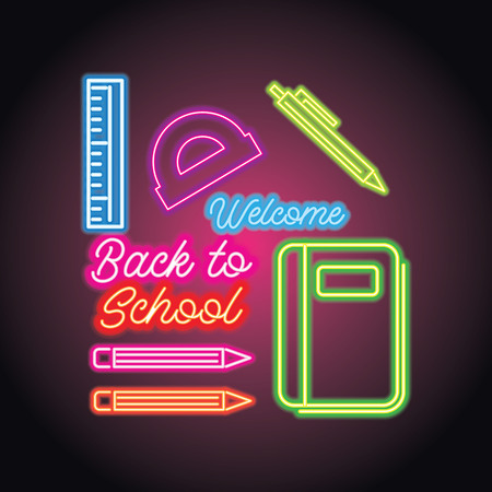 back to school with neon light effect. vector illustrationのイラスト素材