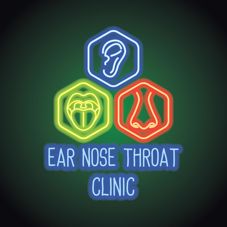 ear nose throat (ENT) neon sign plank for Otolaryngologists  clinic concept. vector illustrationのイラスト素材