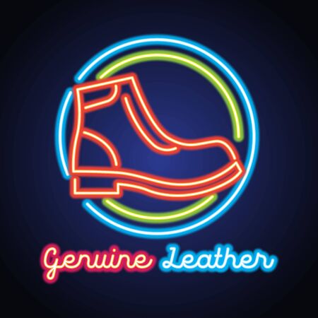 genuine leather neon sign for genuine leather store plank banner. vector illustrationのイラスト素材