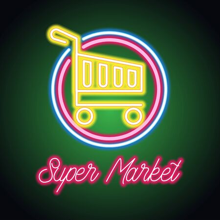 super market neon sign for super market plank add. vector illustrationのイラスト素材