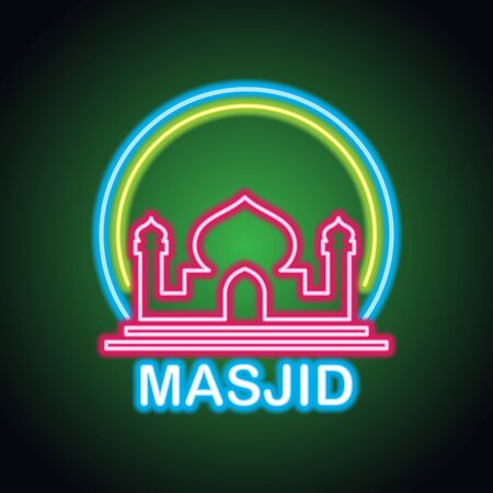 masjid or islamic centre neon sign for Muslims Pray. vector illustrationのイラスト素材