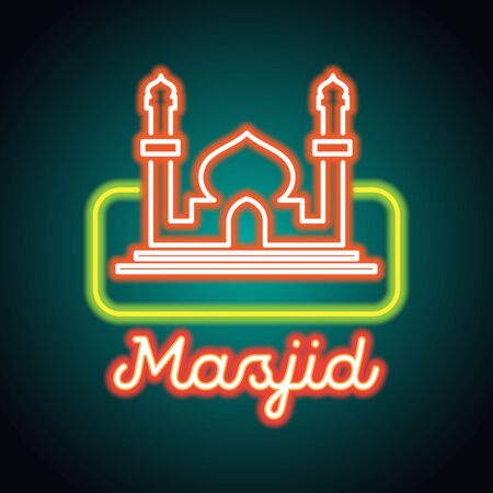 masjid or islamic centre neon sign for Muslims Pray. vector illustrationのイラスト素材