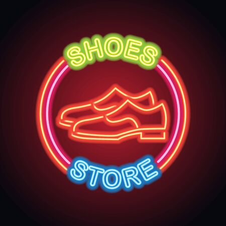 man and woman shoes shop neon sign for shoes shop and store plank banner. vector illustrationのイラスト素材
