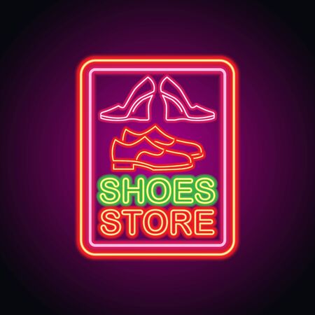 man and woman shoes shop neon sign for shoes shop and store plank banner. vector illustrationのイラスト素材