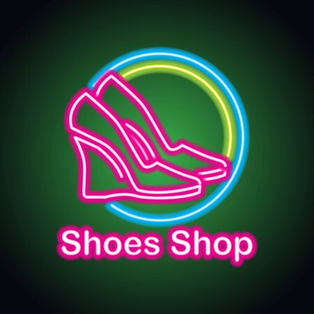 man and woman shoes shop neon sign for shoes shop and store plank banner. vector illustrationのイラスト素材