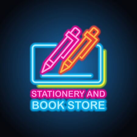 stationery and book store neon sign for stationery and book advertisement. vector illustrationのイラスト素材