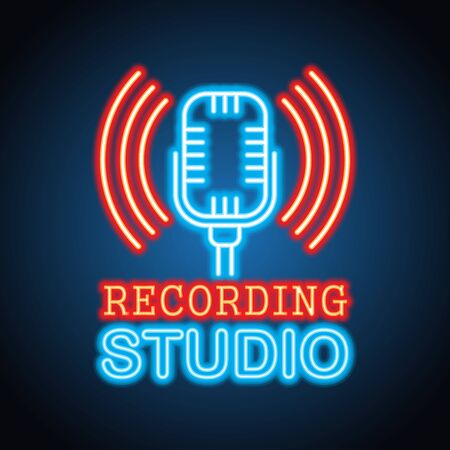 recording music studio neon sign for music studio or recording studio plank banner. vector illustrationのイラスト素材