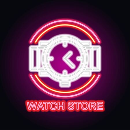 man and woman watches store neon sign for watcher maker and store plank banner. vector illustrationのイラスト素材
