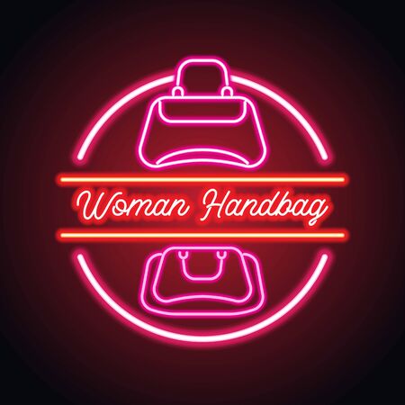 woman hand bag shop neon sign for woman bag shop and store plank banner. vector illustrationのイラスト素材