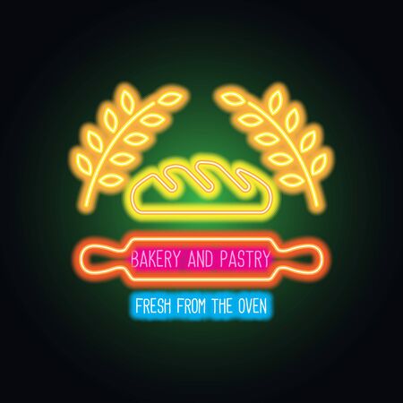 bakery and pastry neon sign for bakery and pastry advertisement. vector illustrationのイラスト素材