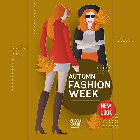 woman in autumn fashion with maple leaves. vector illustrationのイラスト素材