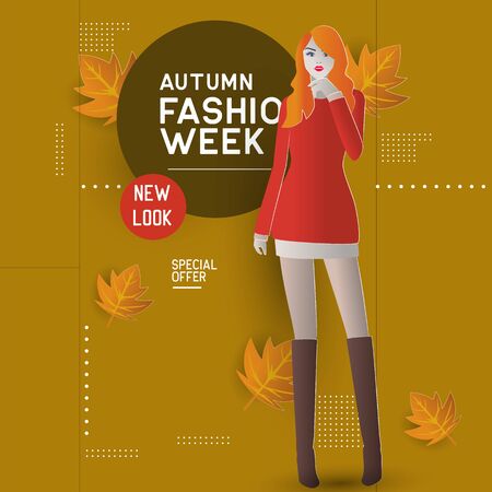 woman in autumn fashion with maple leaves. vector illustrationのイラスト素材