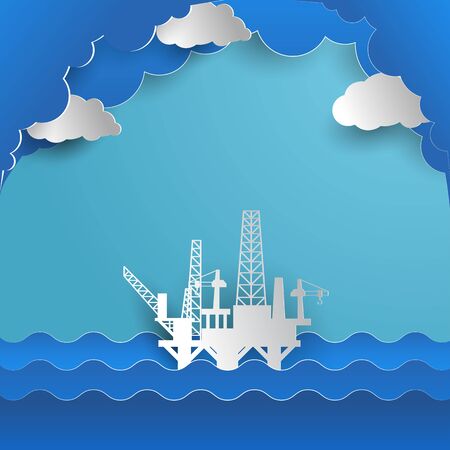 drilling rig for oil production platform in offshore paper art. vector illustrationのイラスト素材