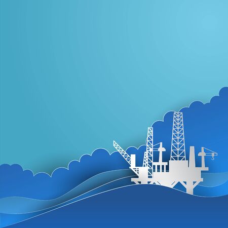 drilling rig for oil production platform in offshore paper art. vector illustrationのイラスト素材