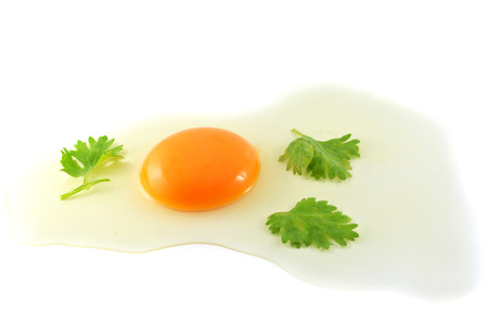 fresh egg yolks / raw egg broken whisk cooking food isolated on white background - crack eggs chicken with yolks with corianderの写真素材