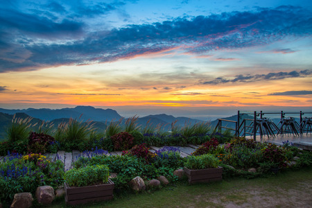 beautiful sunrise colorful sky cloud / landscape garden on mountain flower and plant pathway wooden balcony on hill view point to sunset mountain height backgroundの写真素材