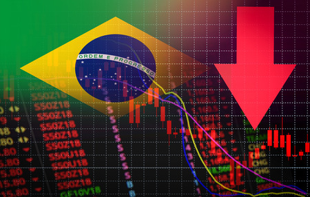 Brazil Stock Exchange market crisis red market price down chart fall / Stock analysis or forex charts graph Business and finance money crisis red negative drop in sales economic fallの写真素材