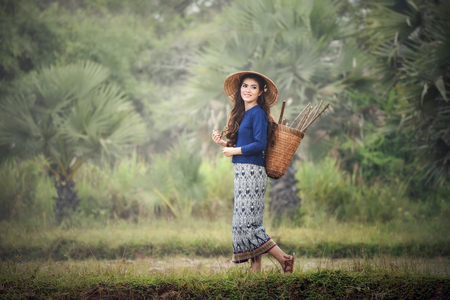 Women asia farmer in rice field nature / Portrait of beautiful young asian woman happiness smile with basket for harvest agriculture in countryside village rustic - Life young girl dress tribeの写真素材