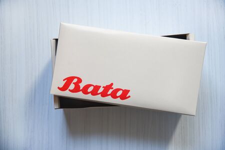 Bangkok Thailand - January 18 2019 : Box shoe Bata logo banner and red wording Bata on gray paper...