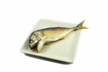 Steamed Mackerel fish on plate isolated on white backgroundの写真素材