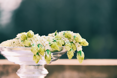 Garland jasmine flower beautiful on phan - tradition garland thai for mother day or wedding flower bunchの写真素材