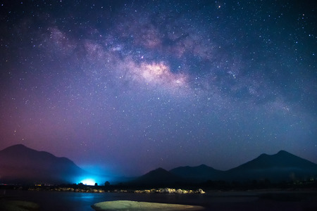 Milky Way galaxy landscape rivers and light with mountains background in the  dark night sky