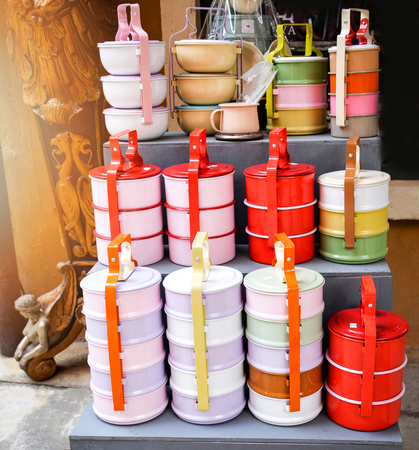 Metal tiffin thai food carrier / Stainless steel food boxの写真素材