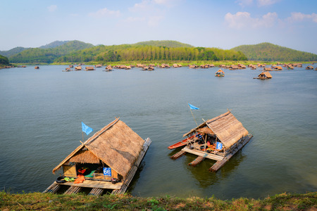 Relax travel river / Landscape of lake sky mountain and bamboo houseboat raft floating air fresh bright day at HuayKraTing landmark of Loei Thailandの写真素材