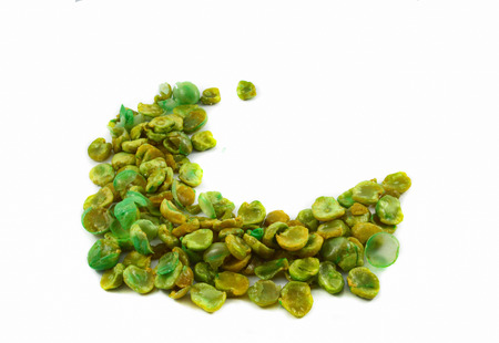 Cooked baked salt broad beans isolated on white background - Wasabi beans greenの写真素材