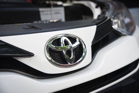 Bangkok Thailand - March 9 2019 : New Toyota yaris ativ 2019 white with toyota logo on front car brand from Japan basedのeditorial素材