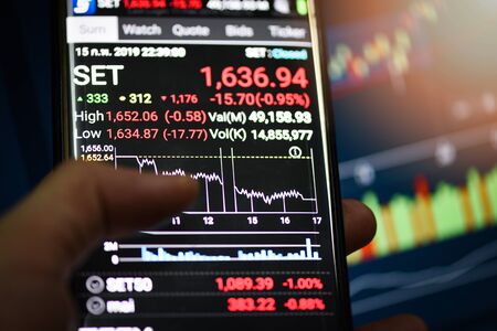 Bangkok Thailand - 15 February 2019 : SET Index - Stock Exchange of Thailand Application on smartphone with graph charts indicator analysis investment on mobile screen for trading onlineのeditorial素材