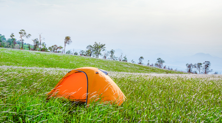 Camping tent tourist on hill mountain landscape green grass meadow on slope hillの写真素材