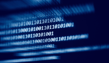 Technology digital binary code data number 0 and 1 on computer screen blue dark background - blur...