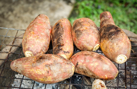 Grilled sweet potatoes yam on grill in the stove backgroundの写真素材
