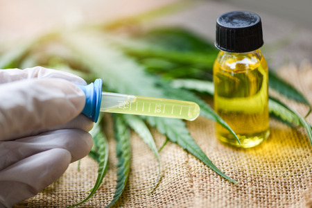 Cannabis oil in bottle products on sack background - THC and CBD oil extract from cannabis leaf marijuana leaves for Hemp medical healthcare natural selective focusの写真素材