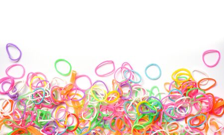 Rubber band / Colorful of plastic band  isolated on white background , top viewの写真素材