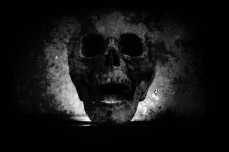 Human Skull head on blur dark black background - Old scary grunge skull vintage style , Monochromeの写真素材