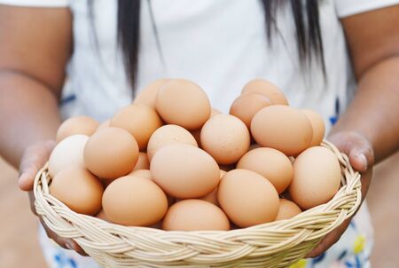 Eggs in a basket / Woman farmer holding wooden tray with fresh chicken eggs collect from farm in the countrysideの写真素材