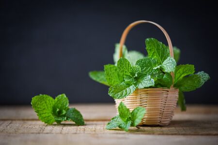 peppermint leaf in a basket / Fresh mint leaves on dark background