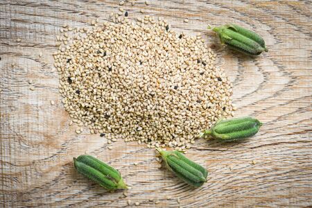 Sesame seeds in a wooden background and green sesame podsの写真素材