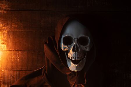 Halloween costume ghost scary skeleton wearing a hooded coat / Grim reaper with skull in black hood...