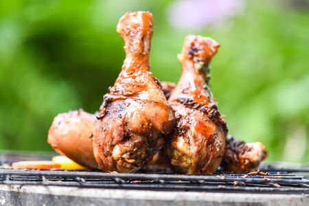 Grilled chicken legs barbecue with herbs and spices / Tasty chicken legs on the grill with fire flames marinated with ingredients cooking picnic outdoorsの写真素材
