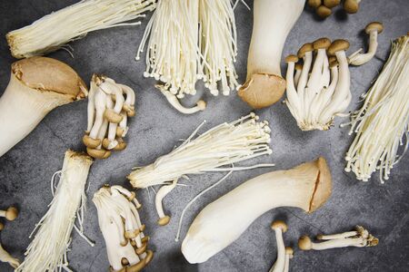 Mixed selection various mushrooms , top view / Mushrooms background healthy food with shimeji ,...